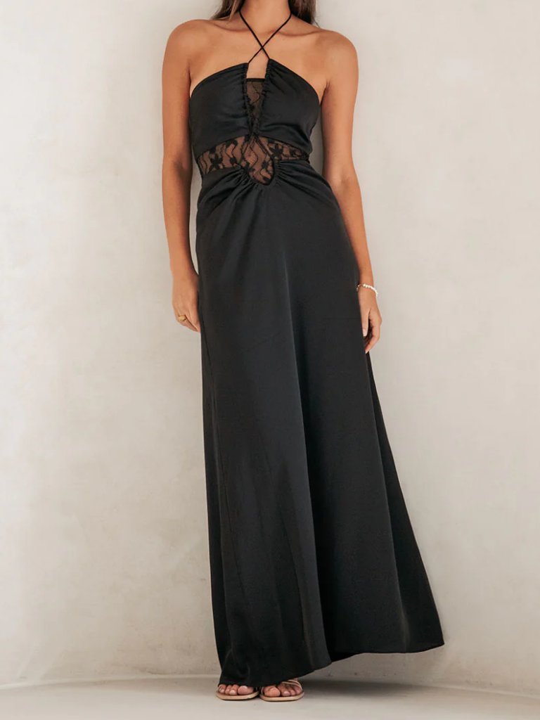Nwt Sabo Ariah Halterneck Black Lace Gown Maxi Dress Sz. Xs